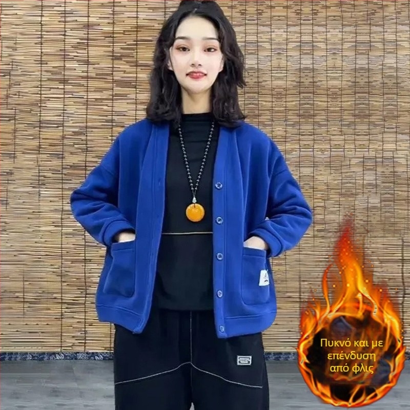 Γυναικείο φλις με επένδυση, καρντάγκαν-σουίτσερντ, μονόχρωμο, χαλαρή γραμμή, μακριά μανίκια, polo γιακά, κούμπωμα με ένα κουμπί, σπανάξ κάτω από 30%