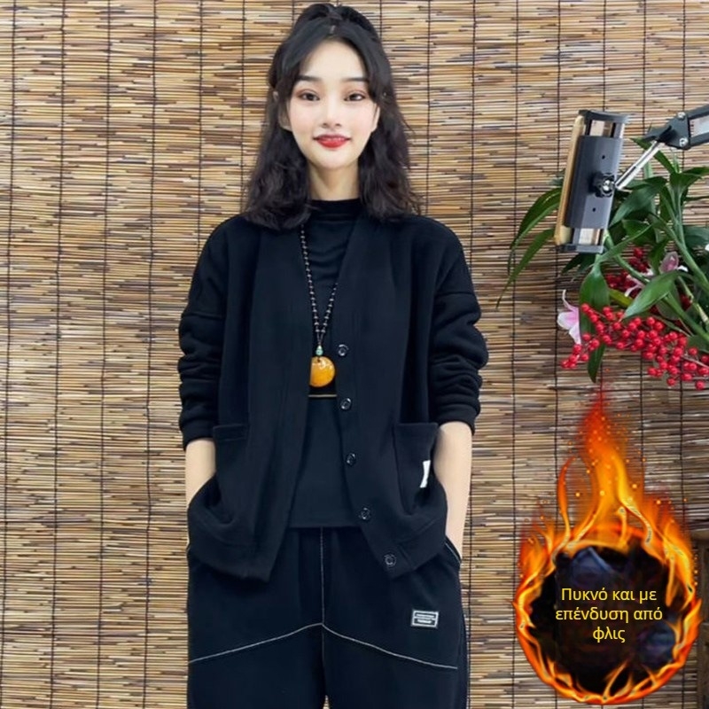 Γυναικείο φλις με επένδυση, καρντάγκαν-σουίτσερντ, μονόχρωμο, χαλαρή γραμμή, μακριά μανίκια, polo γιακά, κούμπωμα με ένα κουμπί, σπανάξ κάτω από 30%