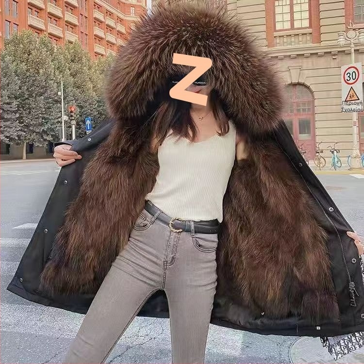Γυναικείο παρκά μέσου μήκους με αφαιρούμενη επένδυση από τεχνητή γούνα ρακούν, εξωτερικό δέρμα, μακριά μανίκια, χειμερινή συλλογή 2024