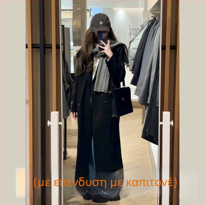 Παλτό μαλλιού μεσαίου μήκους, διπλό κούμπωμα, παχύ, στυλ Ιαπωνικό-Κορεάτικο χαλαρό