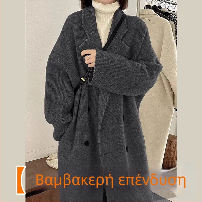 Παλτό μαλλιού μεσαίου μήκους, διπλό κούμπωμα, παχύ, στυλ Ιαπωνικό-Κορεάτικο χαλαρό