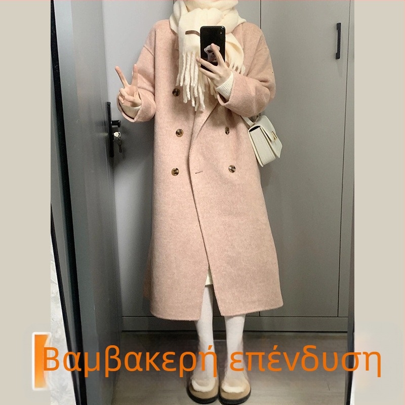 Παλτό μαλλιού μεσαίου μήκους, διπλό κούμπωμα, παχύ, στυλ Ιαπωνικό-Κορεάτικο χαλαρό