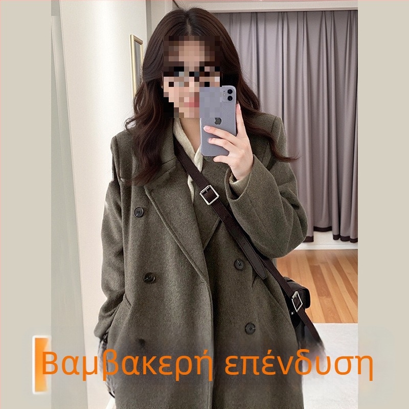 Παλτό μαλλιού μεσαίου μήκους, διπλό κούμπωμα, παχύ, στυλ Ιαπωνικό-Κορεάτικο χαλαρό