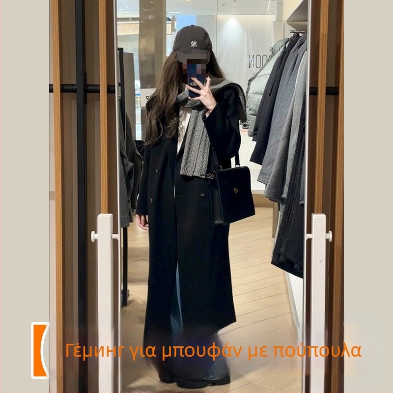 Παλτό μαλλιού μεσαίου μήκους, διπλό κούμπωμα, παχύ, στυλ Ιαπωνικό-Κορεάτικο χαλαρό