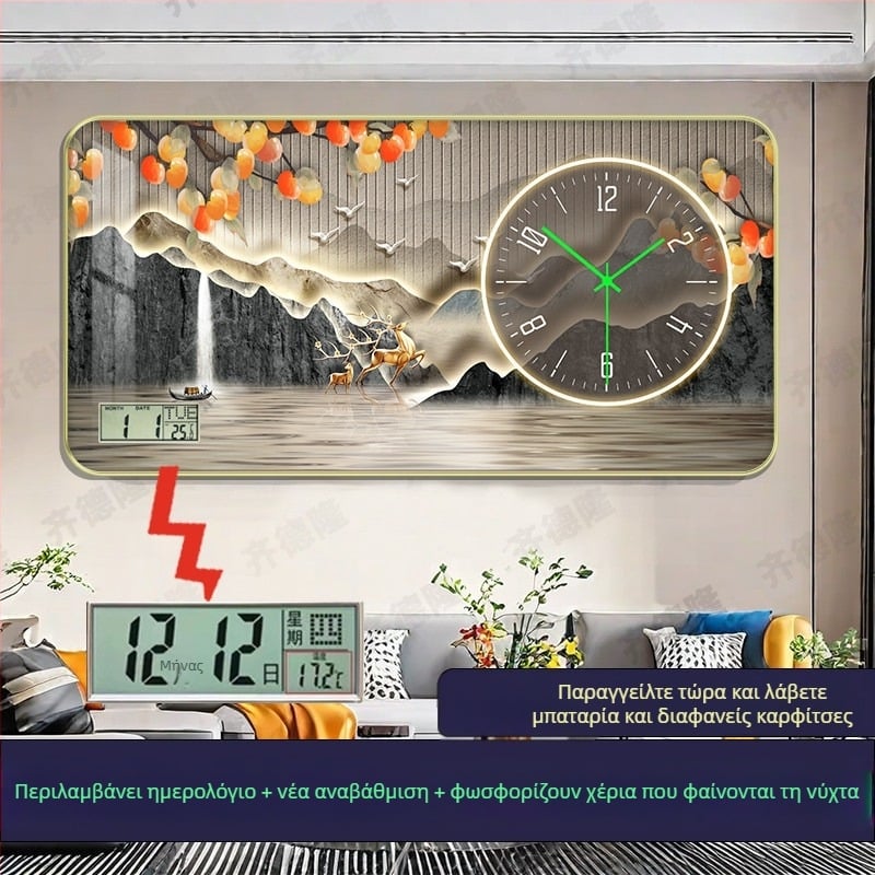 Ρολόι τοίχου με μηχανικό κίνησης, αναλογικό καντράν με αριθμούς, φωτιζόμενο στο σκοτάδι, μονής όψης, τροφοδοσία με μπαταρίες