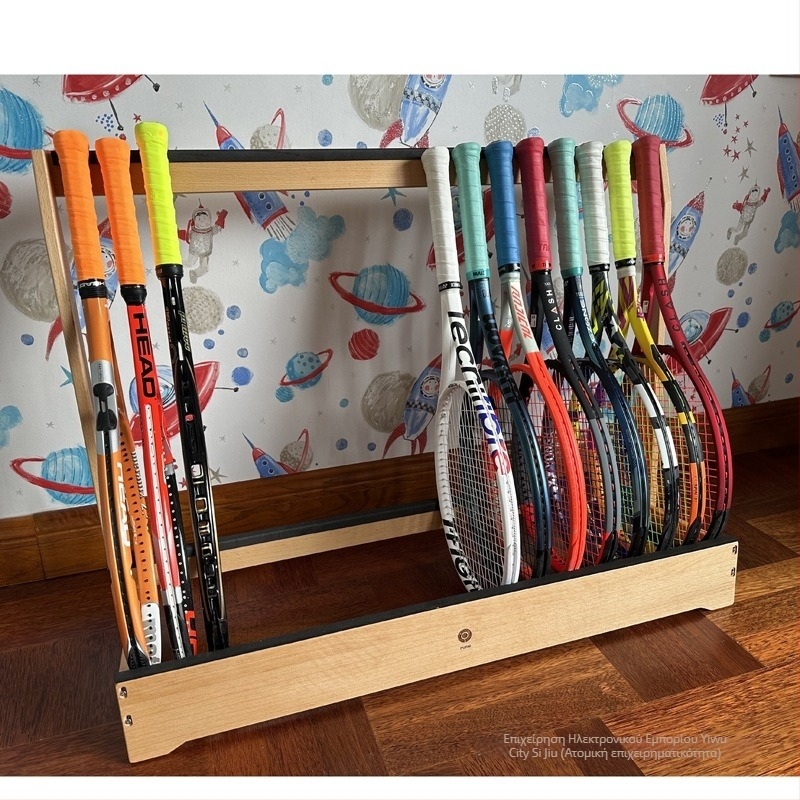 Ράφι αποθήκευσης και προβολής ρακέτων τένις από μασίβ ξύλο με φορητή βάση — Κωδικός F97h867s5mh888