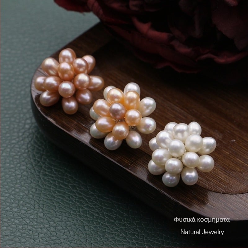 Σκουλαρίκια με φυσικά γλυκού νερού μαργαριράρια, χειροποίητη πλεκτή σφαίρα σε σχήμα λουλουδιού, ποπκορν στυλ κοσμήματα