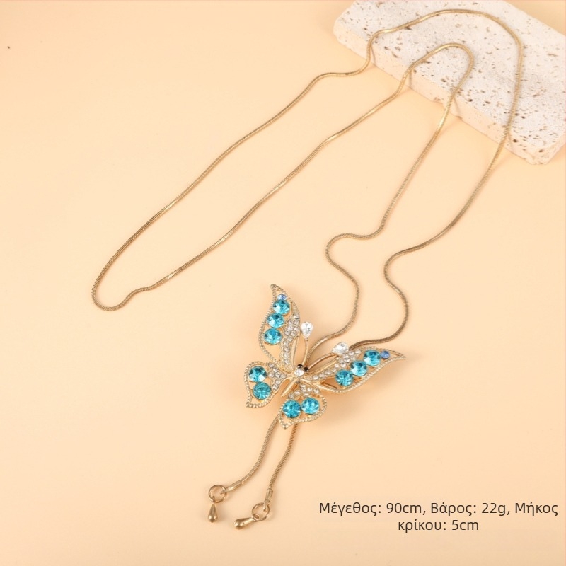 Κορεατικού στυλ μακρύ κολιέ για πουλόβερ με ανθώδες μοτίβο, καρό σχέδιο, αλυσίδα κράματος με μπίλιες