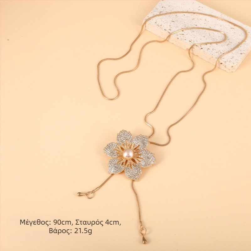 Κορεατικού στυλ μακρύ κολιέ για πουλόβερ με ανθώδες μοτίβο, καρό σχέδιο, αλυσίδα κράματος με μπίλιες