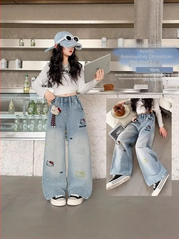 Παιδικά βαμβακερά παντελόνια τζιν για κορίτσια, φαρδιά γραμμή, σχέδιο καρτούν, μεσαία μέση, άνοιξη-φθινόπωρο, για παιδιά από 8 ετών