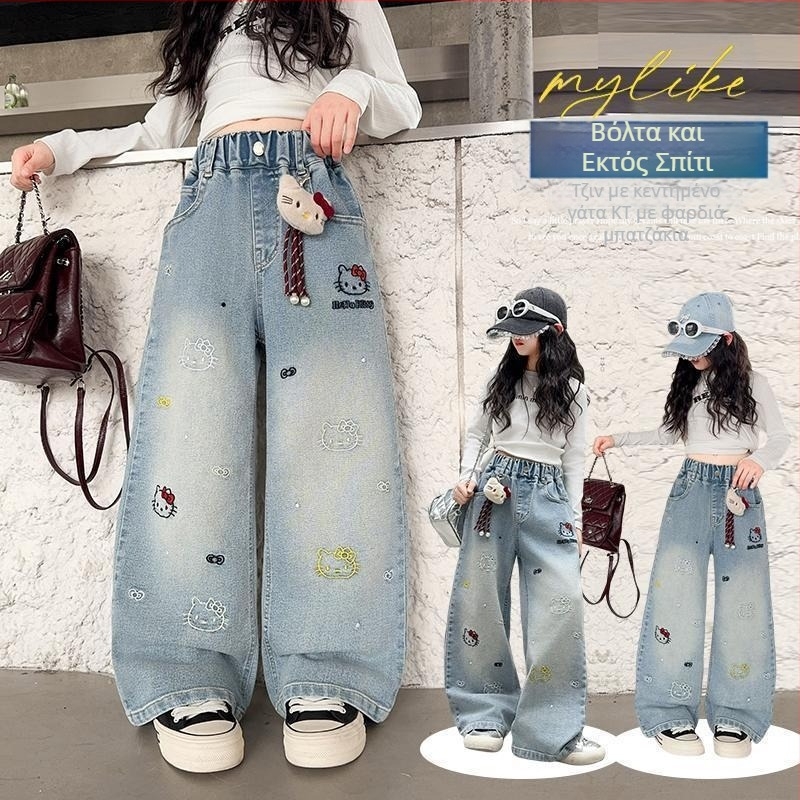 Παιδικά βαμβακερά παντελόνια τζιν για κορίτσια, φαρδιά γραμμή, σχέδιο καρτούν, μεσαία μέση, άνοιξη-φθινόπωρο, για παιδιά από 8 ετών