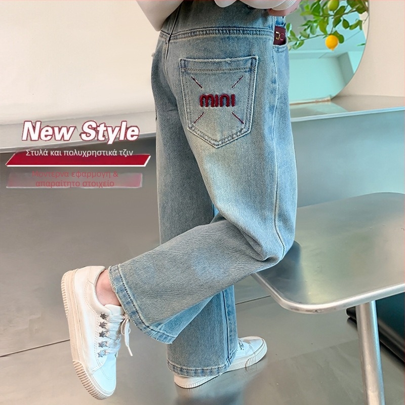 Παιδικά βαμβακερά παντελόνια τζιν για κορίτσια, φαρδιά γραμμή, σχέδιο καρτούν, μεσαία μέση, άνοιξη-φθινόπωρο, για παιδιά από 8 ετών