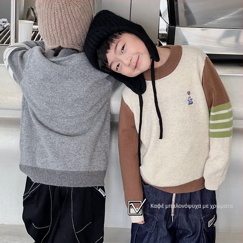 Παιδικό πουλόβερ μαλλί σε κορεατικό στυλ, γύρος λαιμού, μακριά μανίκια, μονοχρωματικό σχέδιο, για παιδιά 3–8 ετών, χειμώνας