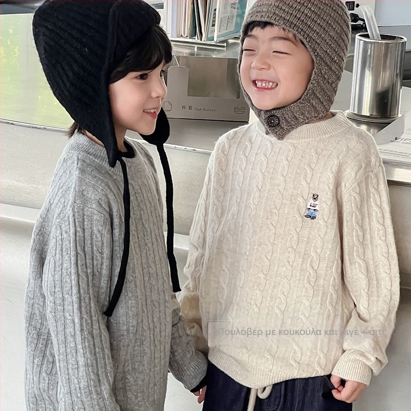 Παιδικό πουλόβερ μαλλί σε κορεατικό στυλ, γύρος λαιμού, μακριά μανίκια, μονοχρωματικό σχέδιο, για παιδιά 3–8 ετών, χειμώνας
