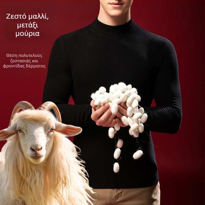 Ανδρικό Θερμικό Τοπ από Μαλλί-Μετάξι με Ημι-Υψηλή Γιάκα, Velour Εσωτερικό, Εκτεταμένο Παχύ για Βάση (301-350 g/m²)