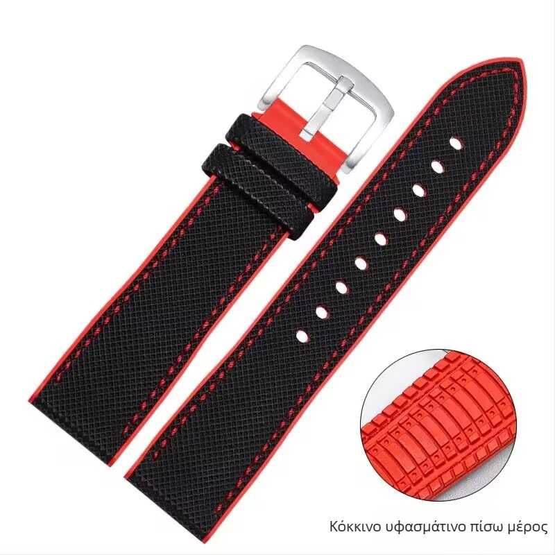 Λουράκι ρολογιού από καουτσούκ με υφή νάιλον, αδιάβροχο και ανθεκτικό στον ιδρώτα, αθλητικό στυλ, συμβατό με όλους τους τύπους ρολογιών, κούμπωμα με καρφί