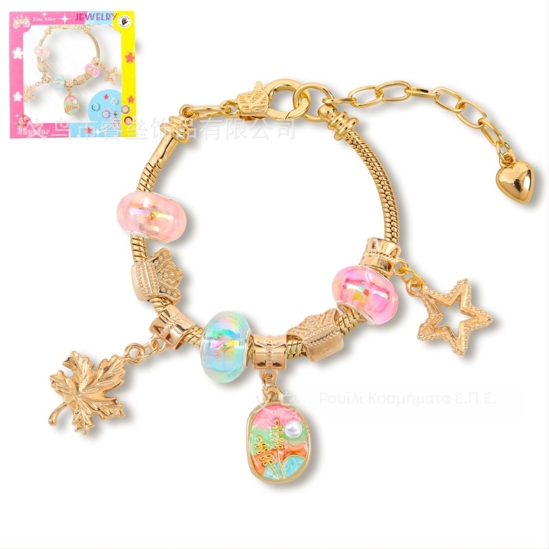 Παιδικό βραχιόλι με χάντρες, ρυθμιζόμενη αλυσίδα, στυλ ελαιογραφίας με φύλλα, κράμα ψευδάργύρου, ψεύτικοι κρύσταλλοι και επίστρωση μαργαριριού