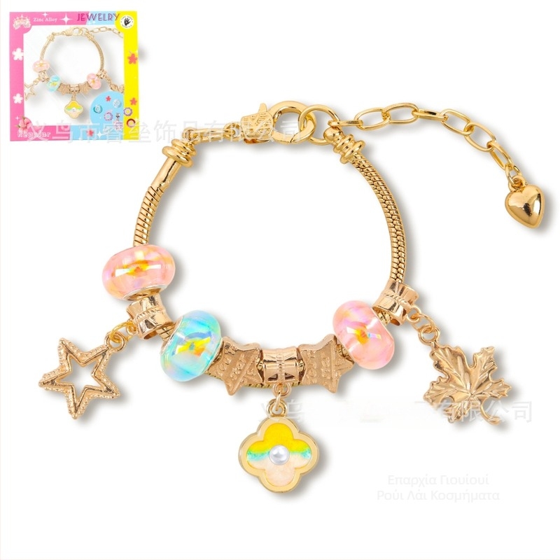 Παιδικό βραχιόλι με χάντρες, ρυθμιζόμενη αλυσίδα, στυλ ελαιογραφίας με φύλλα, κράμα ψευδάργύρου, ψεύτικοι κρύσταλλοι και επίστρωση μαργαριριού