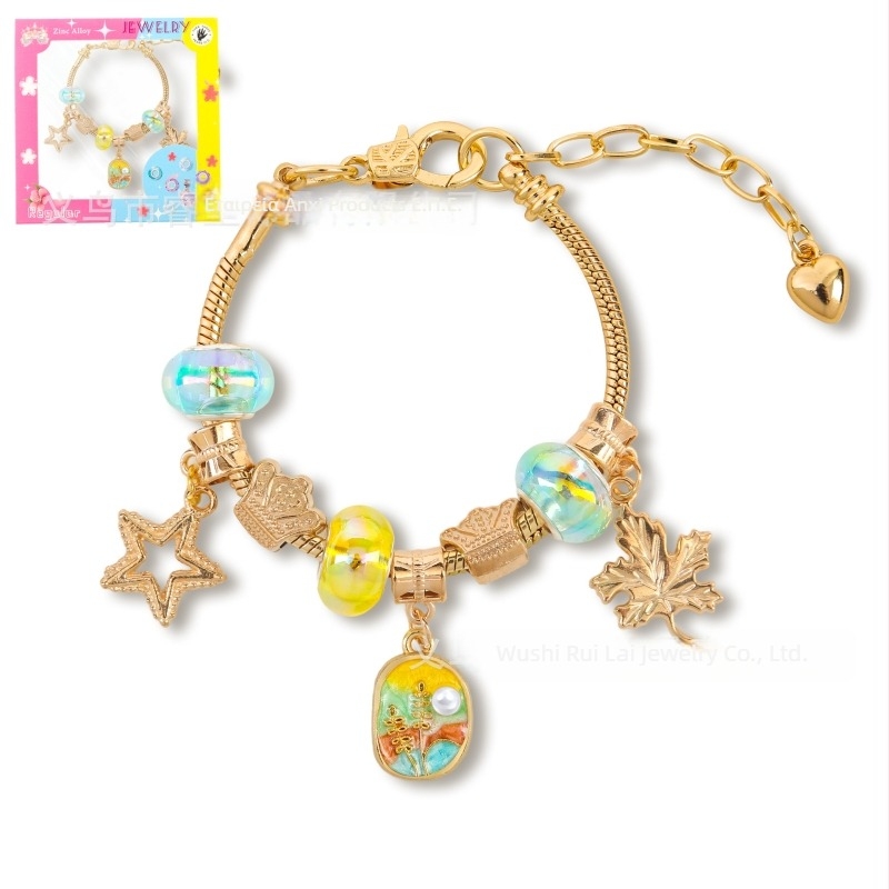 Παιδικό βραχιόλι με χάντρες, ρυθμιζόμενη αλυσίδα, στυλ ελαιογραφίας με φύλλα, κράμα ψευδάργύρου, ψεύτικοι κρύσταλλοι και επίστρωση μαργαριριού