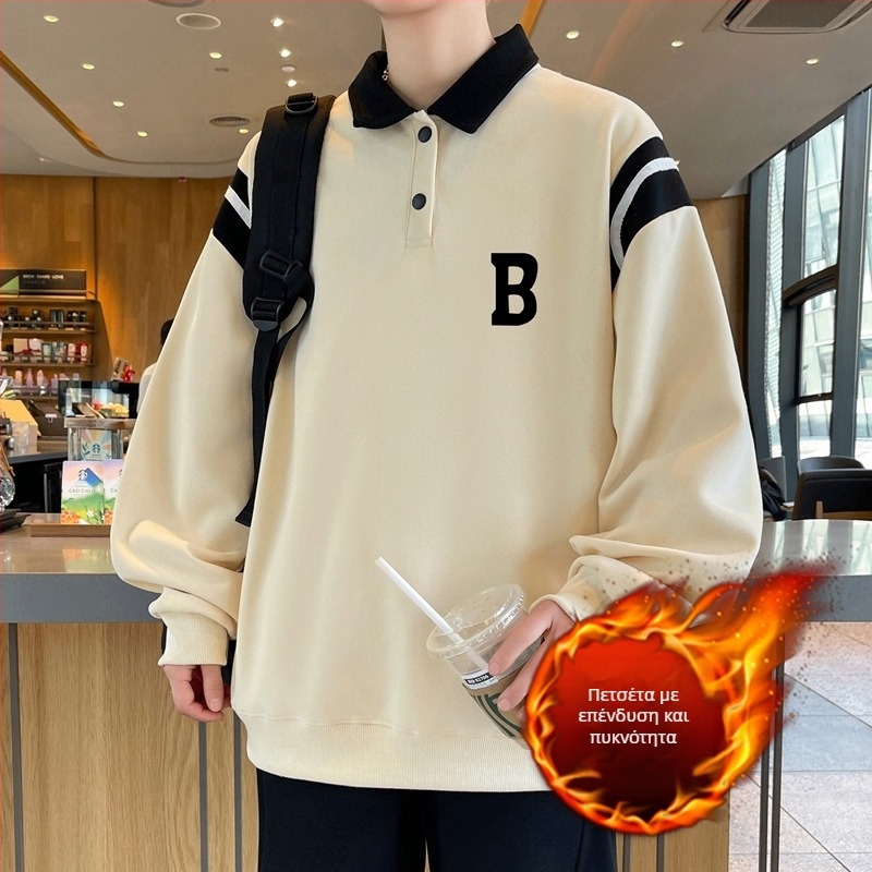 πολό φλις πουλόβερ με γιακά, φλις επένδυση και εσωτερικό μαλλί, μακρυά μανίκια, χαλαρή γραμμή, χειμερινό μοντέλο