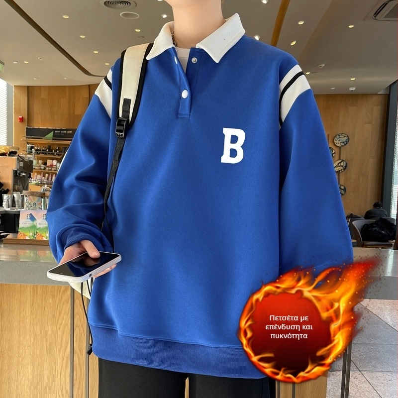 πολό φλις πουλόβερ με γιακά, φλις επένδυση και εσωτερικό μαλλί, μακρυά μανίκια, χαλαρή γραμμή, χειμερινό μοντέλο