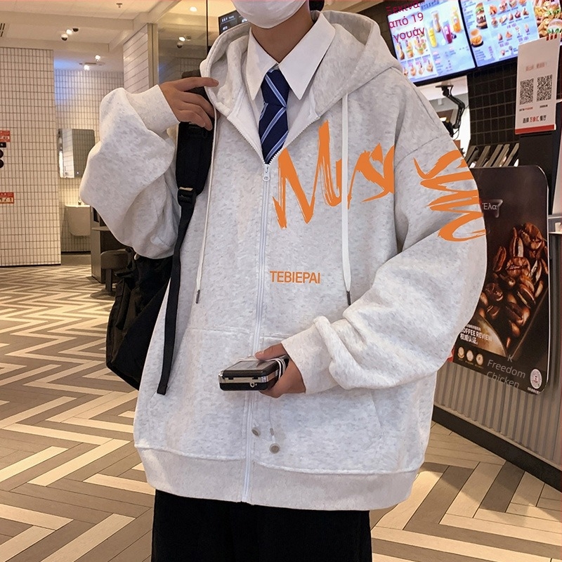 Κουκούλα με φερμουάρ, ζακέτα-φόρεμα με εκτύπωση γραμμάτων σε στυλ Hong Kong, μίγμα βαμβάκι-πολυεστέρας 58.7%/41.3%, ψηλός γιακάς, μακριά μανίκια Raglan, κατάλληλο για όλες τις εποχές