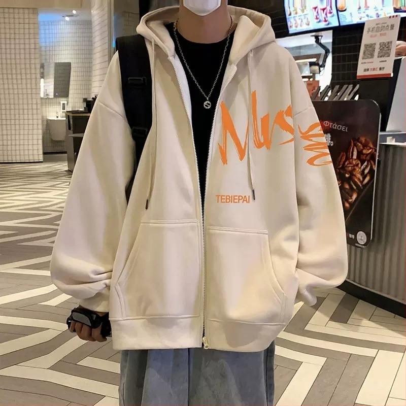 Κουκούλα με φερμουάρ, ζακέτα-φόρεμα με εκτύπωση γραμμάτων σε στυλ Hong Kong, μίγμα βαμβάκι-πολυεστέρας 58.7%/41.3%, ψηλός γιακάς, μακριά μανίκια Raglan, κατάλληλο για όλες τις εποχές