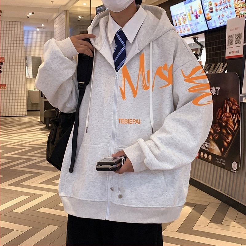 Κουκούλα με φερμουάρ, ζακέτα-φόρεμα με εκτύπωση γραμμάτων σε στυλ Hong Kong, μίγμα βαμβάκι-πολυεστέρας 58.7%/41.3%, ψηλός γιακάς, μακριά μανίκια Raglan, κατάλληλο για όλες τις εποχές