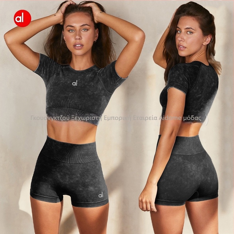Γυναικείο σετ γιόγκα δύο τεμαχίων – Τοπ με κοντό μανίκι και σορτς, στυλ pullover, ύφασμα με μίξη νάιλον/χημικών ινών