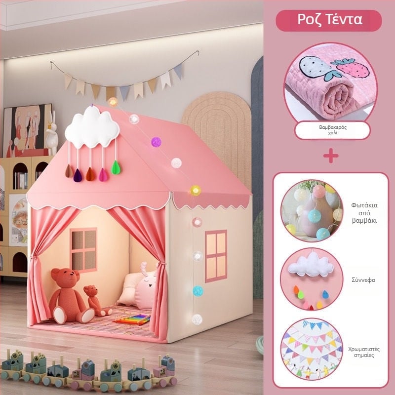 Εσωτερική παιδική σκηνή για παιχνίδι με σχέδιο κάστρο-πριγκίπισσα, δομή τριών στρώσεων, βαμβακερά υφάσματα, αδιάβροχη απόδοση κάτω από 1000 mm