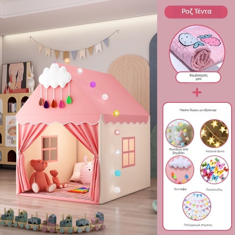 Εσωτερική παιδική σκηνή για παιχνίδι με σχέδιο κάστρο-πριγκίπισσα, δομή τριών στρώσεων, βαμβακερά υφάσματα, αδιάβροχη απόδοση κάτω από 1000 mm