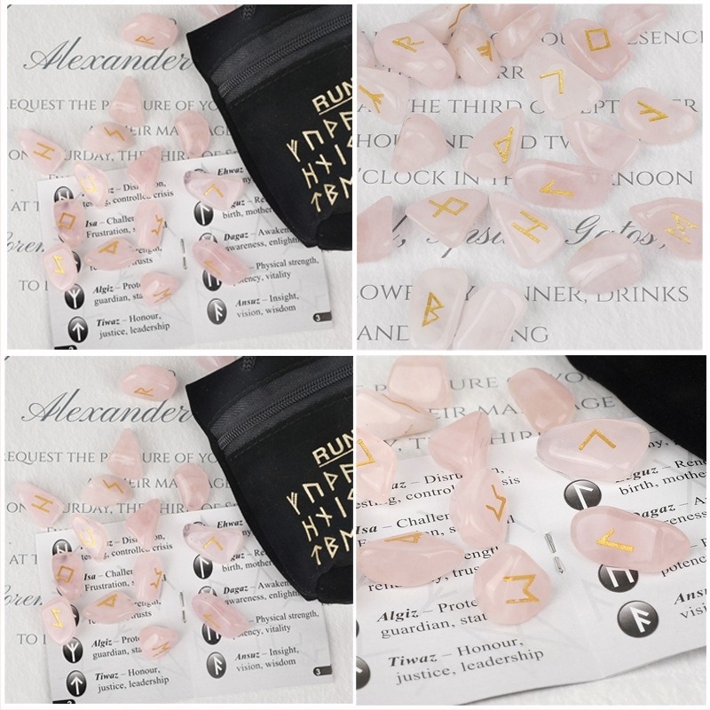 Σετ φυσικών κρυστάλλων με ροζ χαλαζία, σεληνόλιθο, αμέθιστο και αιγκάτης – βορειοευρωπαϊκές ρούνες με ρουνικούς συμβολισμούς, ιδανικό δώρο για γενέθλια