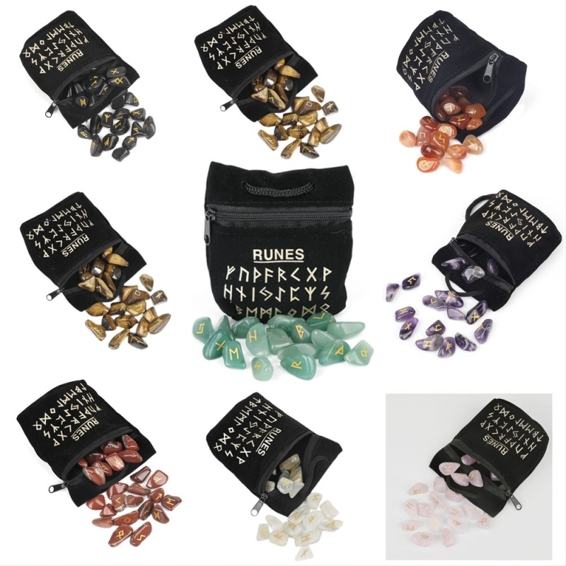 Σετ φυσικών κρυστάλλων με ροζ χαλαζία, σεληνόλιθο, αμέθιστο και αιγκάτης – βορειοευρωπαϊκές ρούνες με ρουνικούς συμβολισμούς, ιδανικό δώρο για γενέθλια