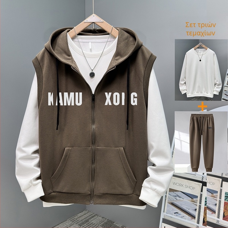 Ανδρικό φθινοπωρινό σετ δύο τεμαχίων, μεγάλου μεγέθους: άνετο παντελόνι, γιλέκο με κουκούλα χωρίς μανίκια και ζακέτα χωρίς μανίκια, βαμβάκι-πολυεστέρας