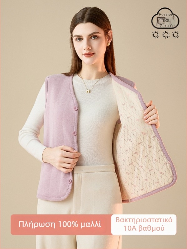 Γυναικείο αμάνικο θερμικό γιλέκο με μάλλινο πλαισίωμα και φλις επένδυση, πολυεστέρας 90–95%, στενή γραμμή