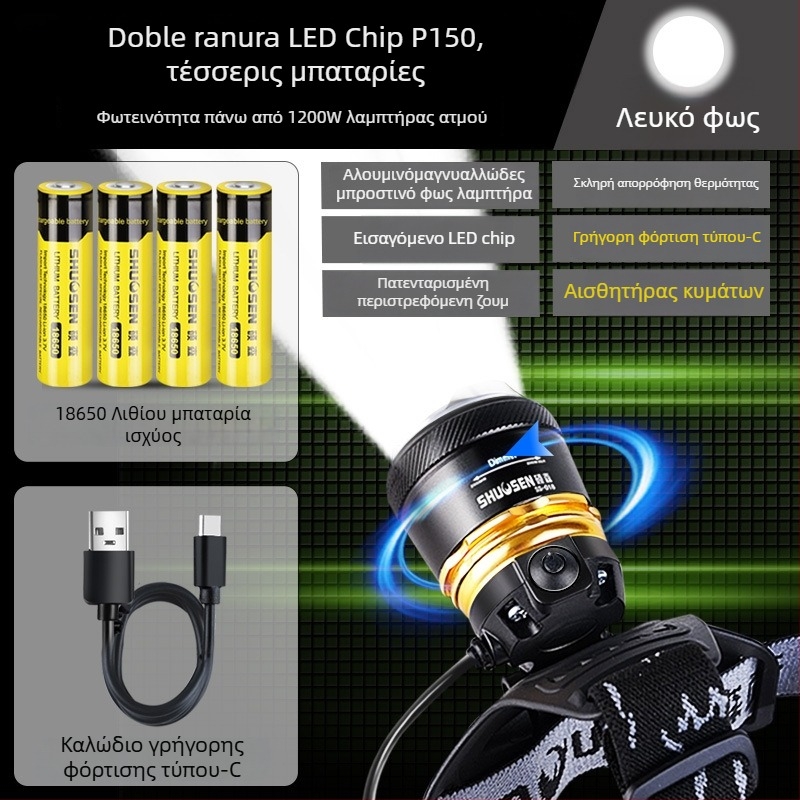 Κεφαλικός επαναφορτιζόμενος LED φακός για νυχτερινό ψάρεμα, αδιάβροχος, με μπαταρία 18650, εμβέλεια 200–500 m, αυτονομία 2–10 ωρών