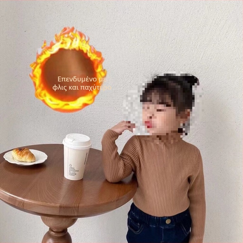 Παιδικό πλεκτό τοπ σε κορεατικό στυλ, με μισουψωμένο γιακά, ριβ ύφανση με ρίγες, μακριά μανίκια, 30% βαμβάκι