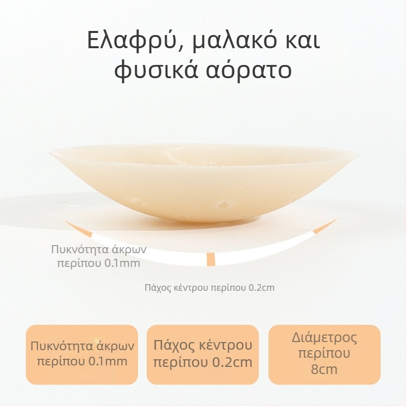 Σιλικόνιες επιθέματα στήθους - υπερλεπτά, αναπνέοντα και αόρατα; στρογγυλή μορφή θηλής, γυαλιστερή επιφάνεια και σχέδιο με οπές.