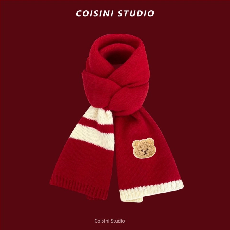 Γυναικείος χειμερινός ζεστός σάλι με χριστουγεννιάτικη ατμόσφαιρα και μοτίβο οικογένειας αρκούδων, warp πλέξη, συνθετικό κασμίρι (ακρυλικό)