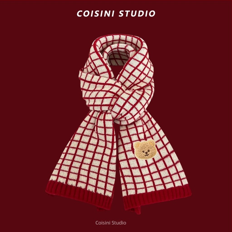 Γυναικείος χειμερινός ζεστός σάλι με χριστουγεννιάτικη ατμόσφαιρα και μοτίβο οικογένειας αρκούδων, warp πλέξη, συνθετικό κασμίρι (ακρυλικό)