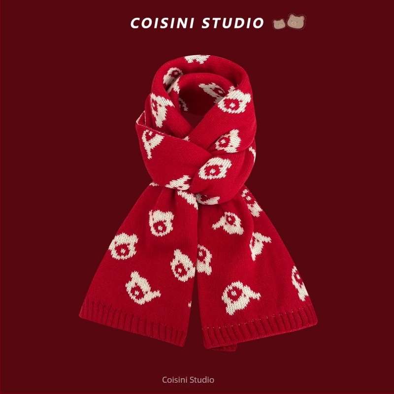 Γυναικείος χειμερινός ζεστός σάλι με χριστουγεννιάτικη ατμόσφαιρα και μοτίβο οικογένειας αρκούδων, warp πλέξη, συνθετικό κασμίρι (ακρυλικό)