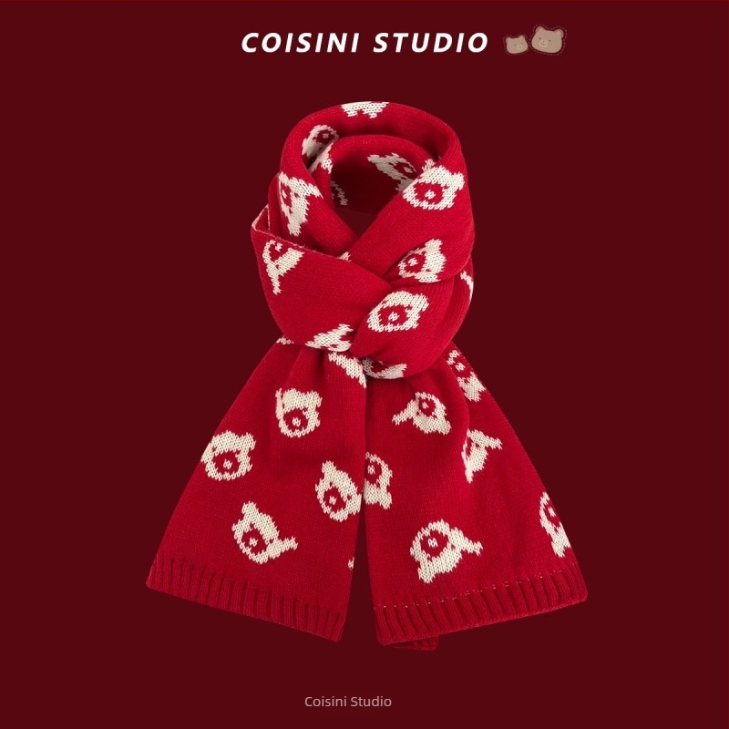 Γυναικείος χειμερινός ζεστός σάλι με χριστουγεννιάτικη ατμόσφαιρα και μοτίβο οικογένειας αρκούδων, warp πλέξη, συνθετικό κασμίρι (ακρυλικό)