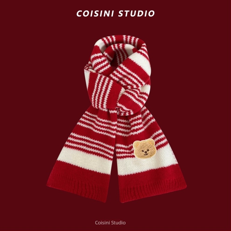 Γυναικείος χειμερινός ζεστός σάλι με χριστουγεννιάτικη ατμόσφαιρα και μοτίβο οικογένειας αρκούδων, warp πλέξη, συνθετικό κασμίρι (ακρυλικό)