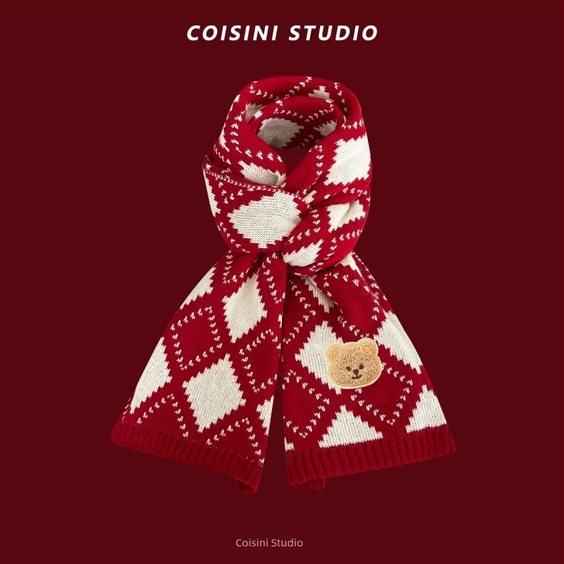 Γυναικείος χειμερινός ζεστός σάλι με χριστουγεννιάτικη ατμόσφαιρα και μοτίβο οικογένειας αρκούδων, warp πλέξη, συνθετικό κασμίρι (ακρυλικό)