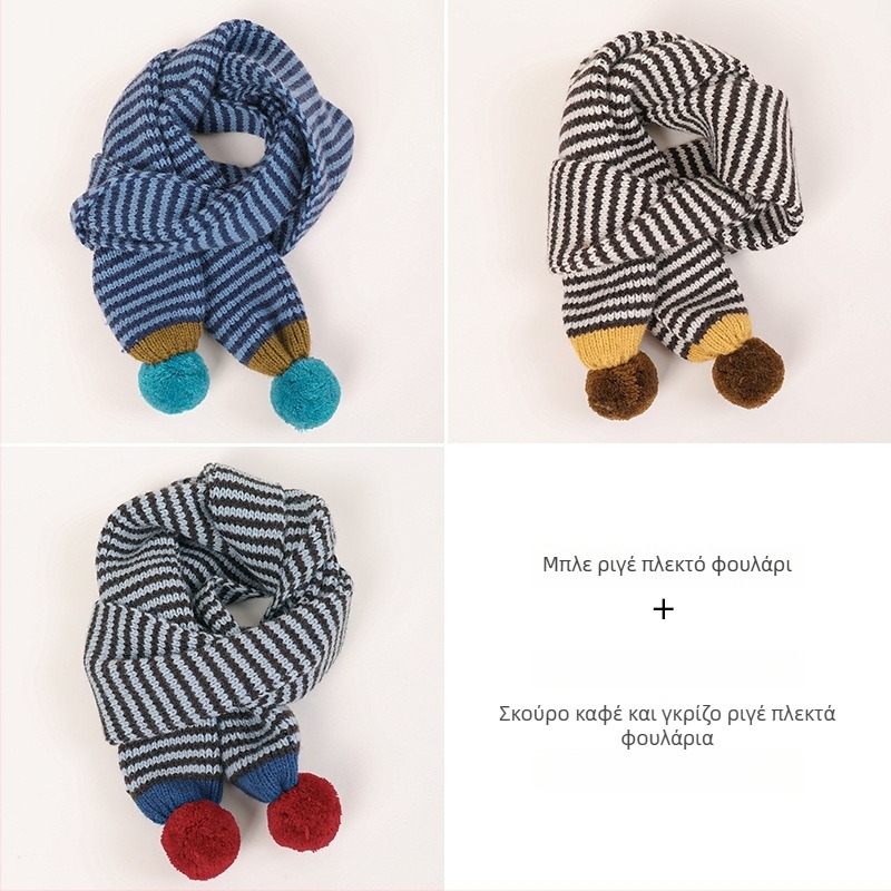 Unisex παιδικό ριγέ πλεκτό κασκόλ για φθινοπωρινή-χειμερινή περίοδο, ζεστή προστασία του λαιμού, έκδοση 2025