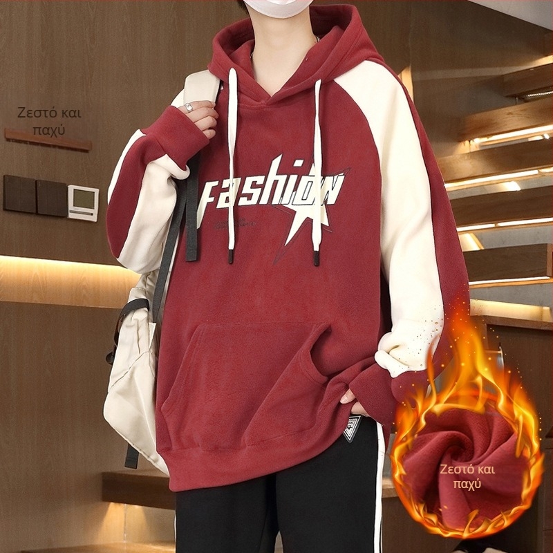 Φούτερ με κουκούλα για εφήβους, φλις εσωτερικά επενδυμένο, χαλαρή γραμμή, πολυεστερικό ύφασμα, τρισδιάστατη τσέπη τύπου patch