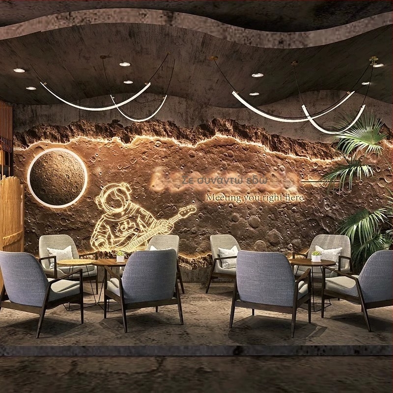 Ταπετσαρία - 3D ανάγλυφη επιφάνεια σελήνης, βιομηχανικό στυλ με αστροσκοτεινό ουρανό, ανθεκτικό στις κηλίδες, χημική ίνα, 3-στρώσεων υπόβαθρο