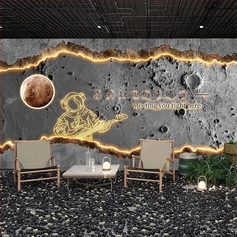 Ταπετσαρία - 3D ανάγλυφη επιφάνεια σελήνης, βιομηχανικό στυλ με αστροσκοτεινό ουρανό, ανθεκτικό στις κηλίδες, χημική ίνα, 3-στρώσεων υπόβαθρο