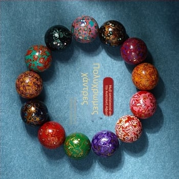 Ξύλινο βραχιόλι με κινεζικό ύφος, χειροποίητο, με μαργαριτοειδές ένθετο και χάντρες Βούδα