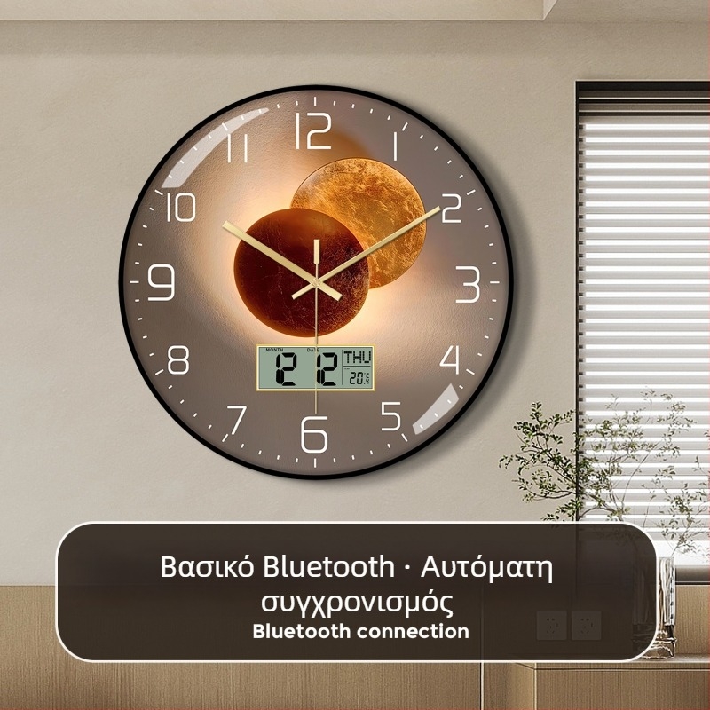 Ρολόι τοίχου Bluetooth με αυτόματο συγχρονισμό ώρας, LED/LCD αιώνιο ημερολόγιο, θερμόμετρο και ένδειξη ημέρας της εβδομάδας, στρογγυλό, μονοπλευρικό, τροφοδοτούμενο με μπαταρία, αναλογικό + ψηφιακό display